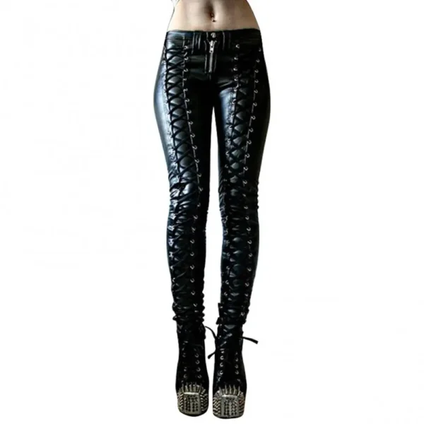 Women Gothic Faux Leather Elastic Leggings Hollow Out Lace Up PU Leggins Leggings Lady Fetish Sexy Black Punk Rock Skinny Pants 2