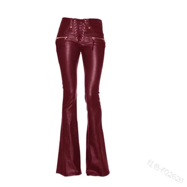 Women\'s Lace Up Leather Bell Bottom Leather Pants 4