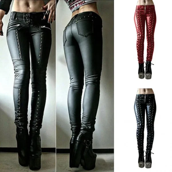 Women Gothic Faux Leather Elastic Leggings Hollow Out Lace Up PU Leggins Leggings Lady Fetish Sexy Black Punk Rock Skinny Pants 5