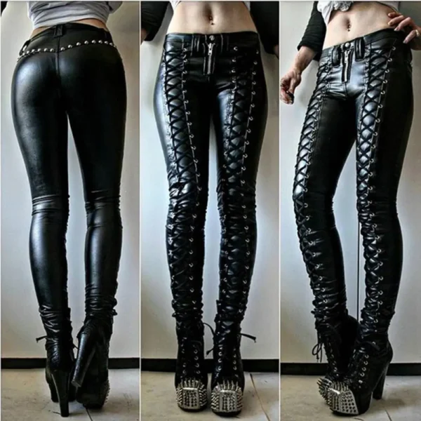 Women Gothic Faux Leather Elastic Leggings Hollow Out Lace Up PU Leggins Leggings Lady Fetish Sexy Black Punk Rock Skinny Pants 4