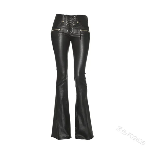 Women\'s Lace Up Leather Bell Bottom Leather Pants 6